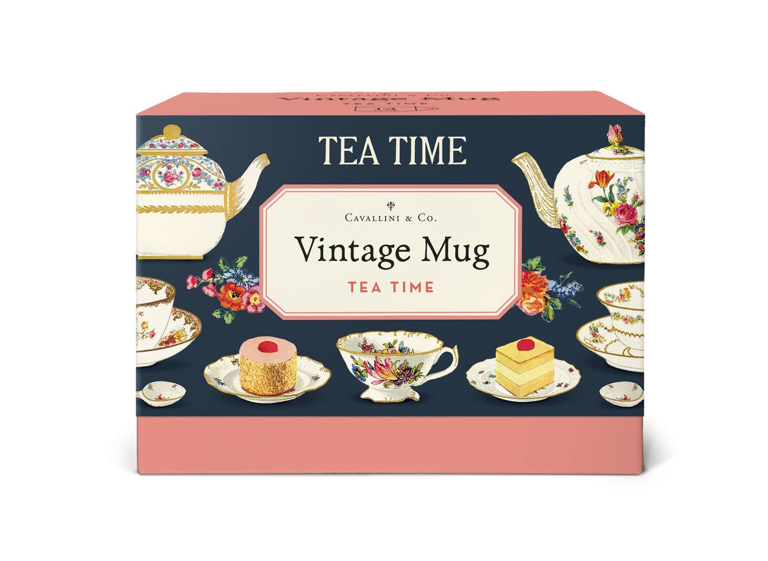 Tea time-themed packaging with vintage mugs and teapots on a blue background.