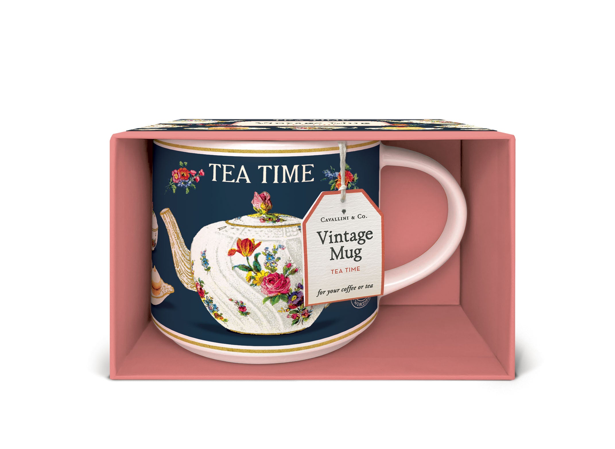Tea Time Ceramic Mug with a hanging tag in a decorative pink box.
