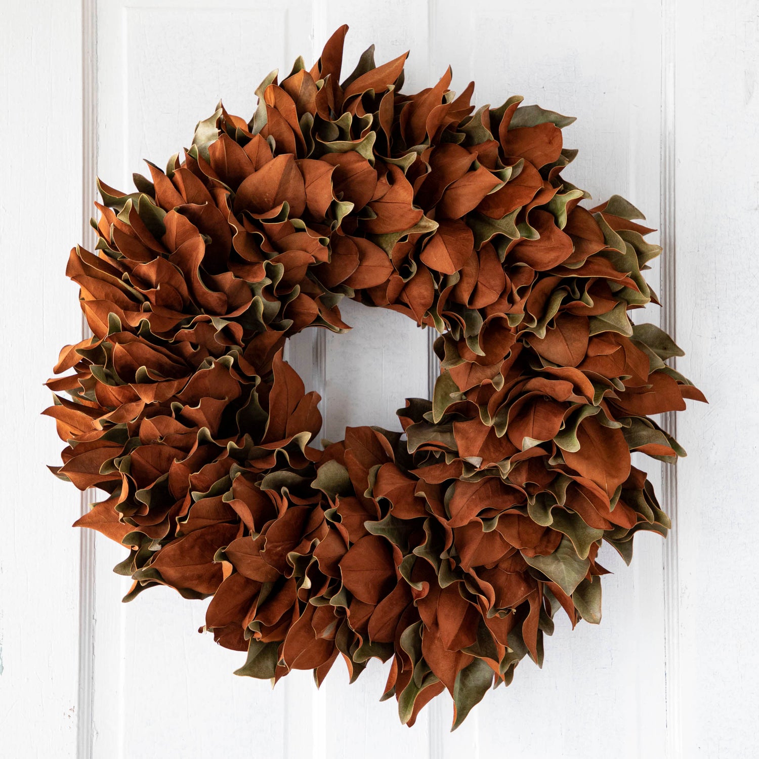 A two week old magnolia wreath hanging on a door.