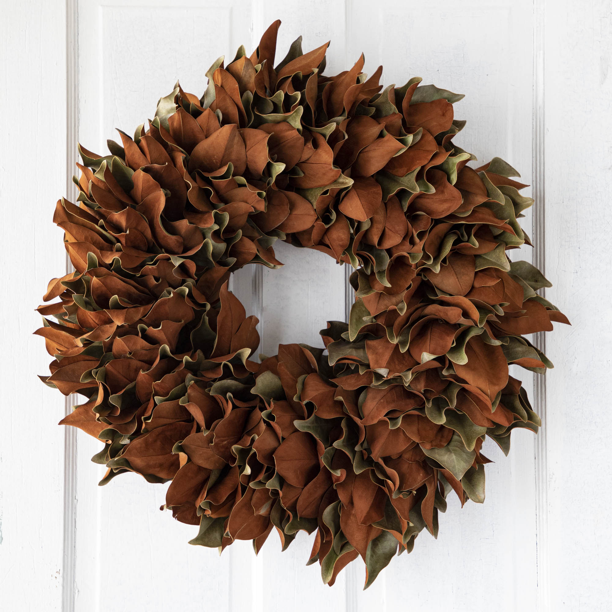 A two week old magnolia wreath hanging on a door.