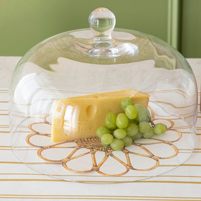 Various cheeses and grapes displayed under a Casafina Living glass dome serveware on a kitchen counter.