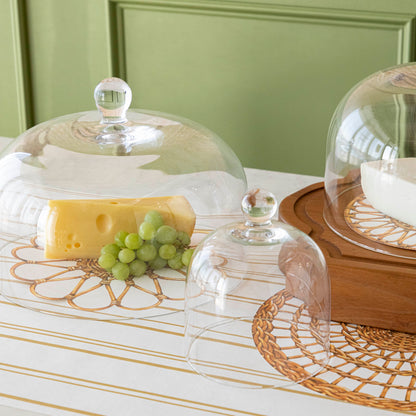 Various cheeses and grapes displayed under a Casafina Living glass dome serveware on a kitchen counter.