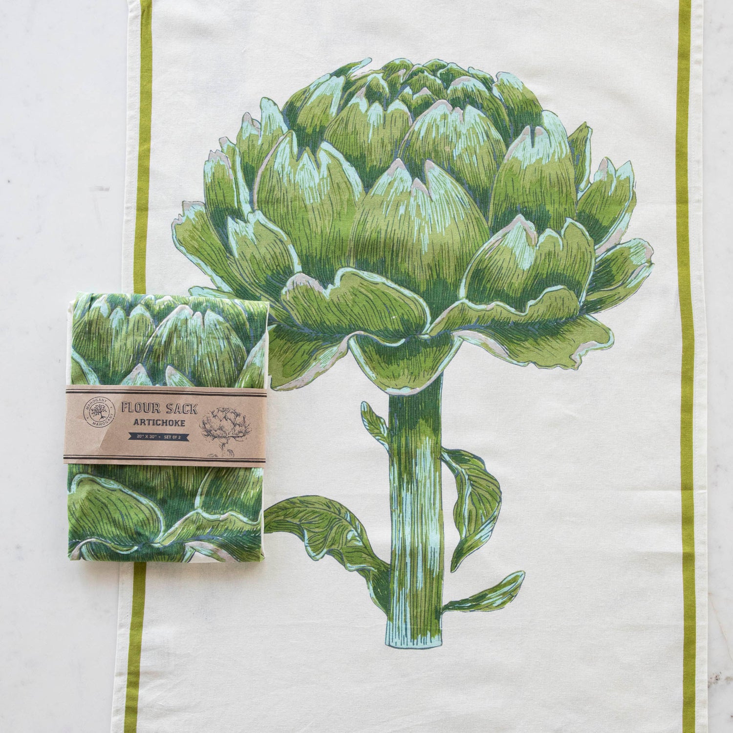Illustration of a Mahogany Artichoke Flour Sack Kitchen Towel Set of 2.