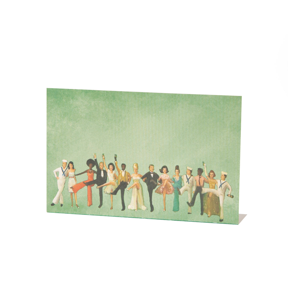 A rectangular freestanding place card featuring a row of jubilant partiers dancing along the bottom of the card in vintage outfits, on a green background. 