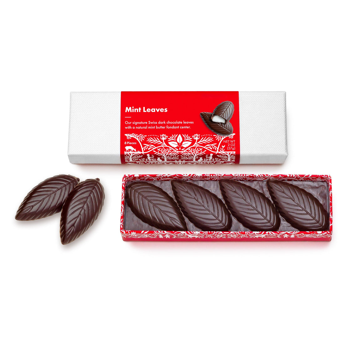 Open red box base with 4 dark chocolate mint leaf shaped candies, 2 loose candies beside, and white lid box above with red and white Swiss print product label.