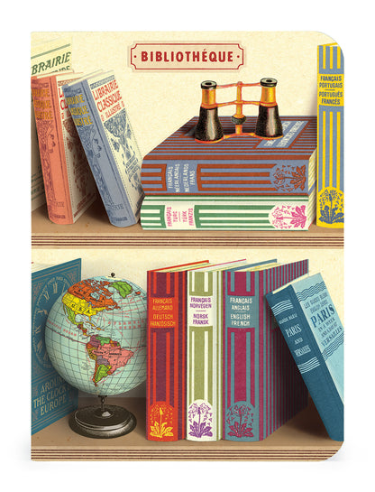 A vintage bookshelf with Library Books 3 Mini Notebooks and a globe on it from Cavallini Papers &amp; Co.