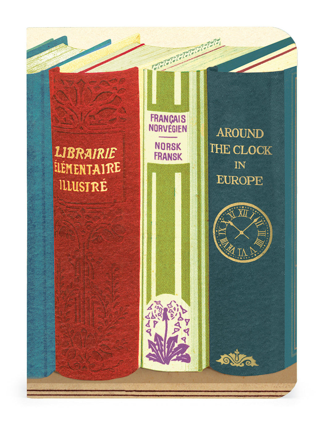 A Library Books 3 Mini Notebooks set displayed on a shelf with a clock in the middle.
