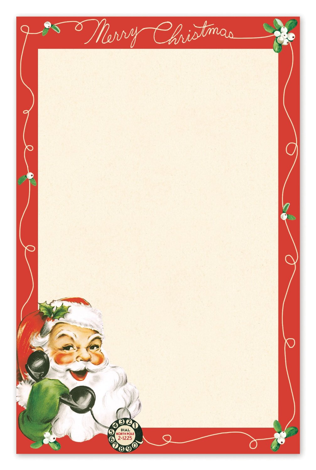 Notepad with red boarder and Santa holding a telephone at the bottom left corner.