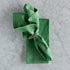 Green folded napkin with a decorative ring on a gray surface.
