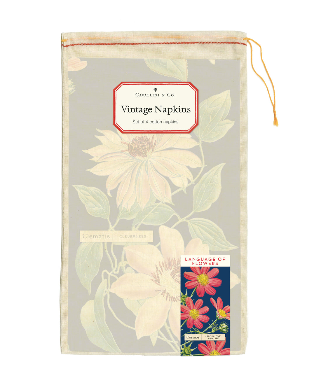 Packaging of vintage napkins with floral design and brand label on a white background.