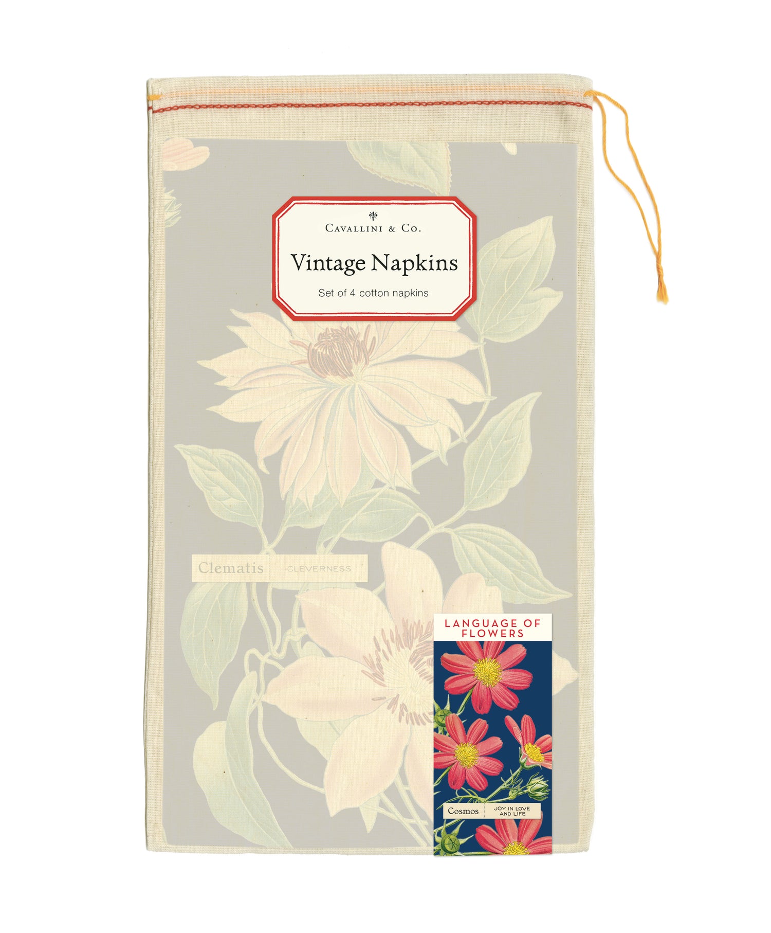Packaging of vintage napkins with floral design and brand label on a white background.