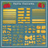 Illustration of various types of pasta with labels on a blue background and text that says &
