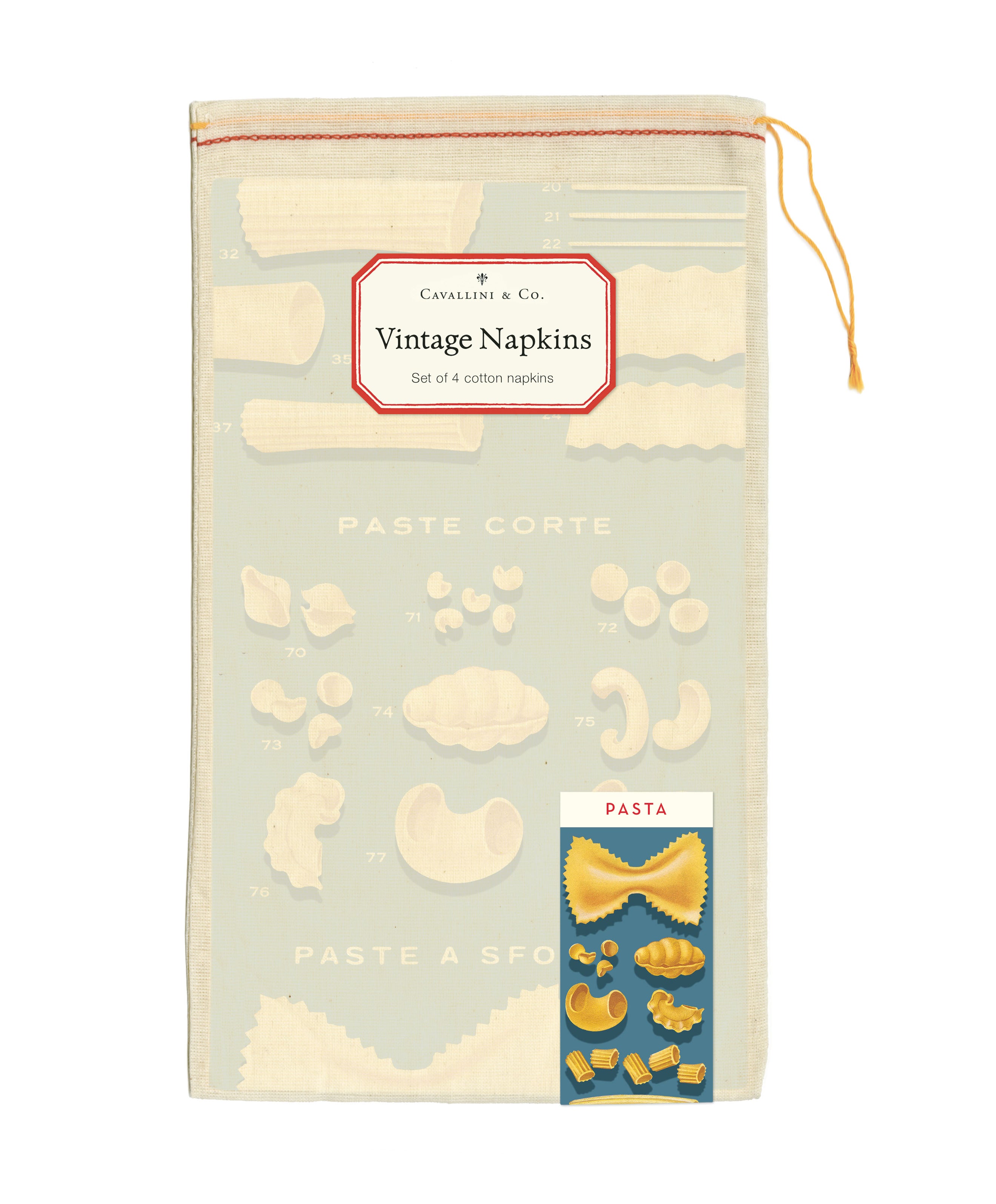 Pack of vintage-style pasta-themed napkins with illustrations on a light green background.