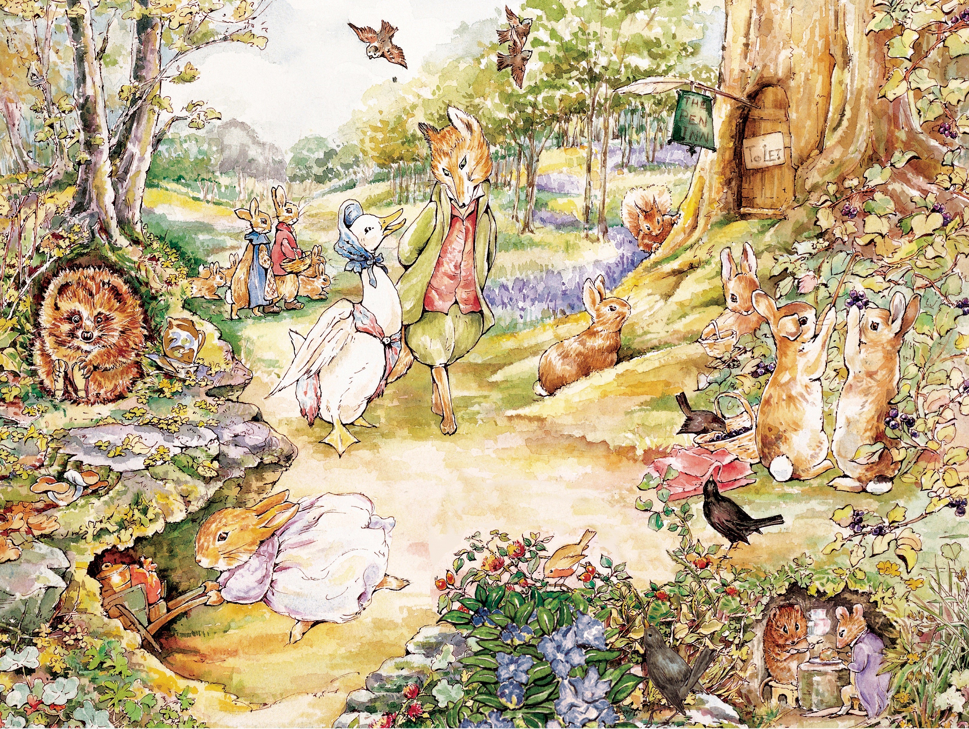 Illustration of animals in a forest setting with a fox, rabbit, and other creatures.