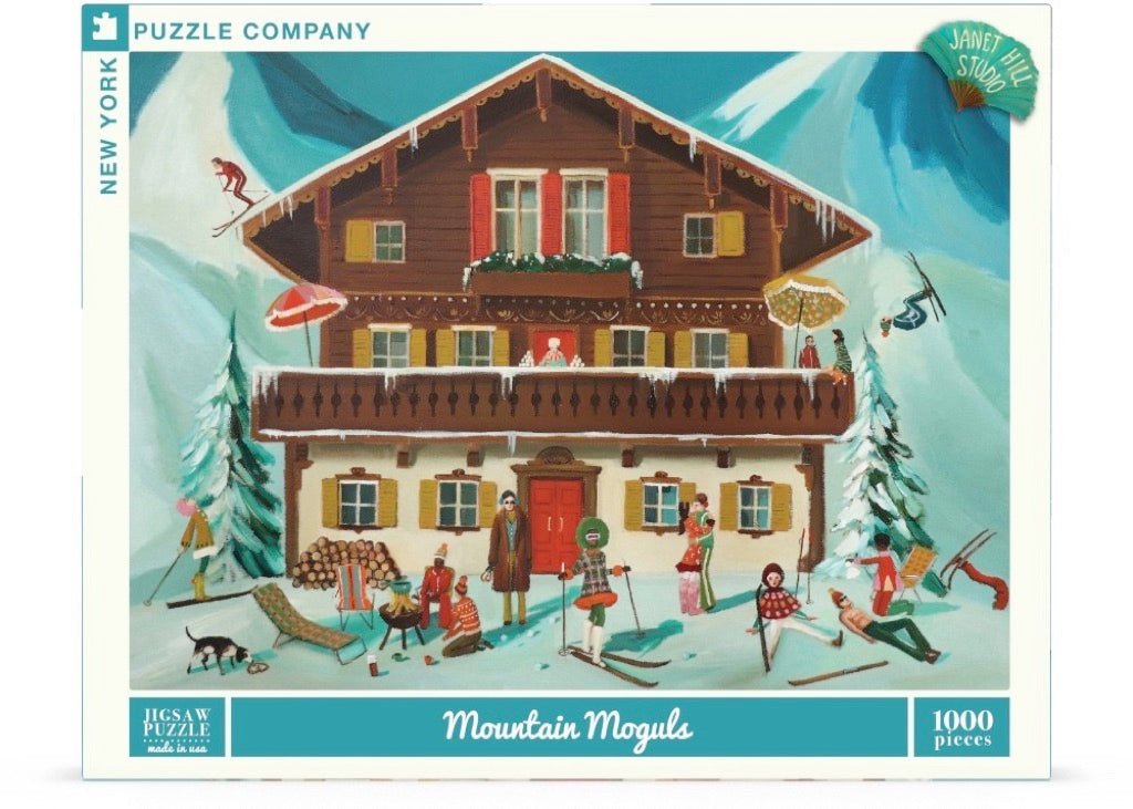 A New York Puzzle Company Mountain Moguls Puzzle featuring a mountain house and skiers.