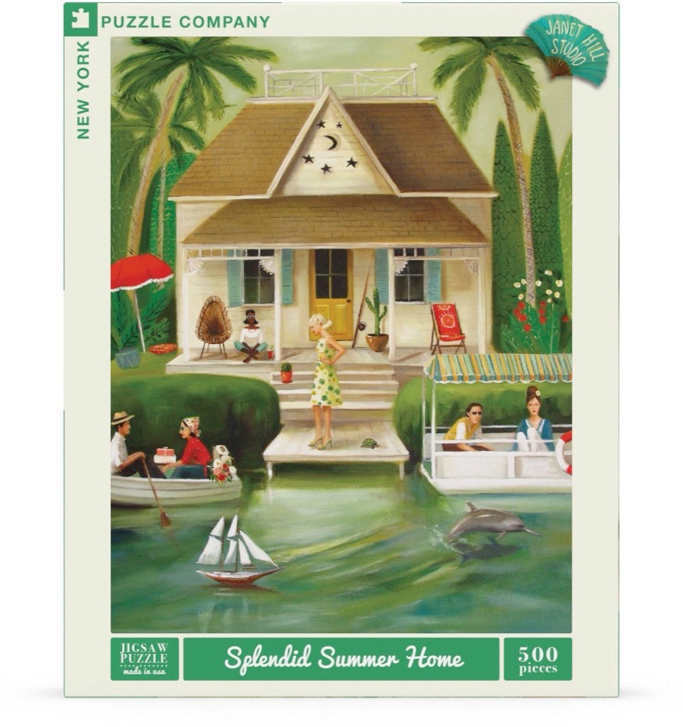 A Splendid Summer Home Puzzle of a whimsical painting by Janet Hill, depicting a house and people on the water, created by New York Puzzle Company.