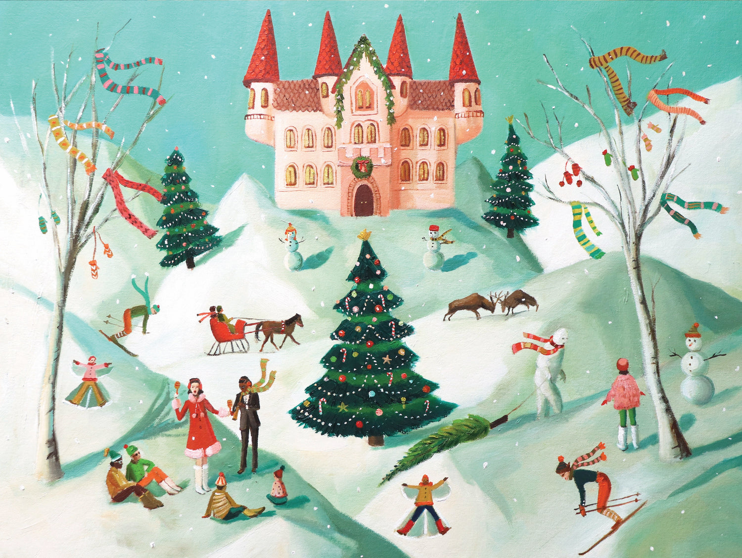 Puzzle depicting a snowy winter scene with a castle in the background and people frolicking in the snow in the foreground.  Artwork by Janet Hill. 