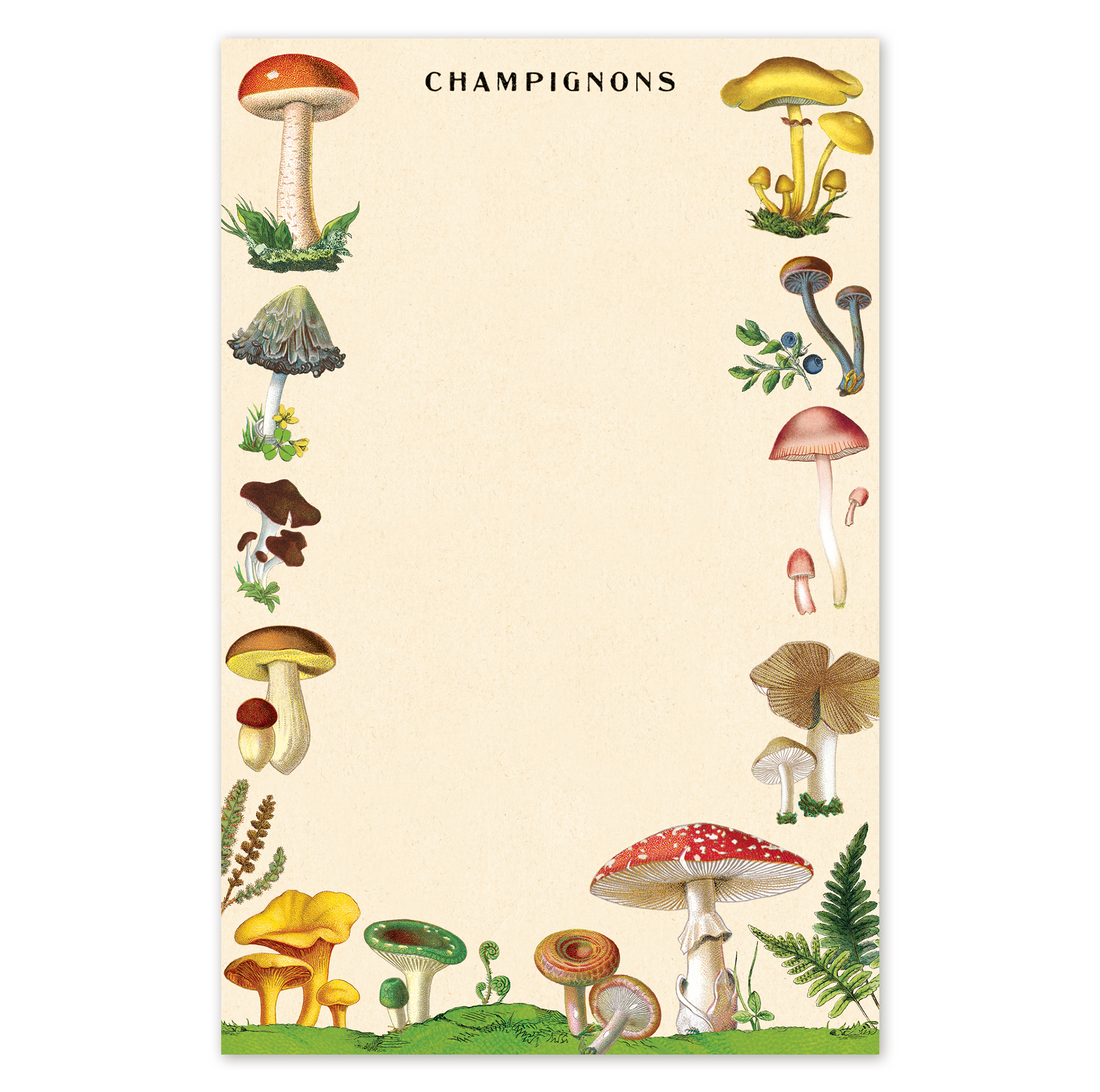 A Cavallini Papers &amp; Co Mushrooms Notepad adorned with a variety of mushrooms.