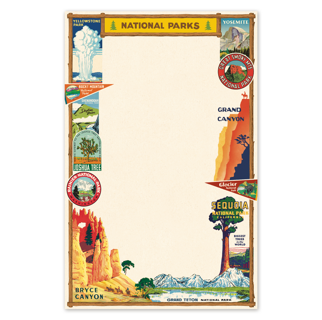 Illustrated borders showcasing American national parks from the Cavallini archives around a blank central area for text or messaging, perfect for any outdoor enthusiast. Introducing the National Parks Notepad from Cavallini Papers &amp; Co.