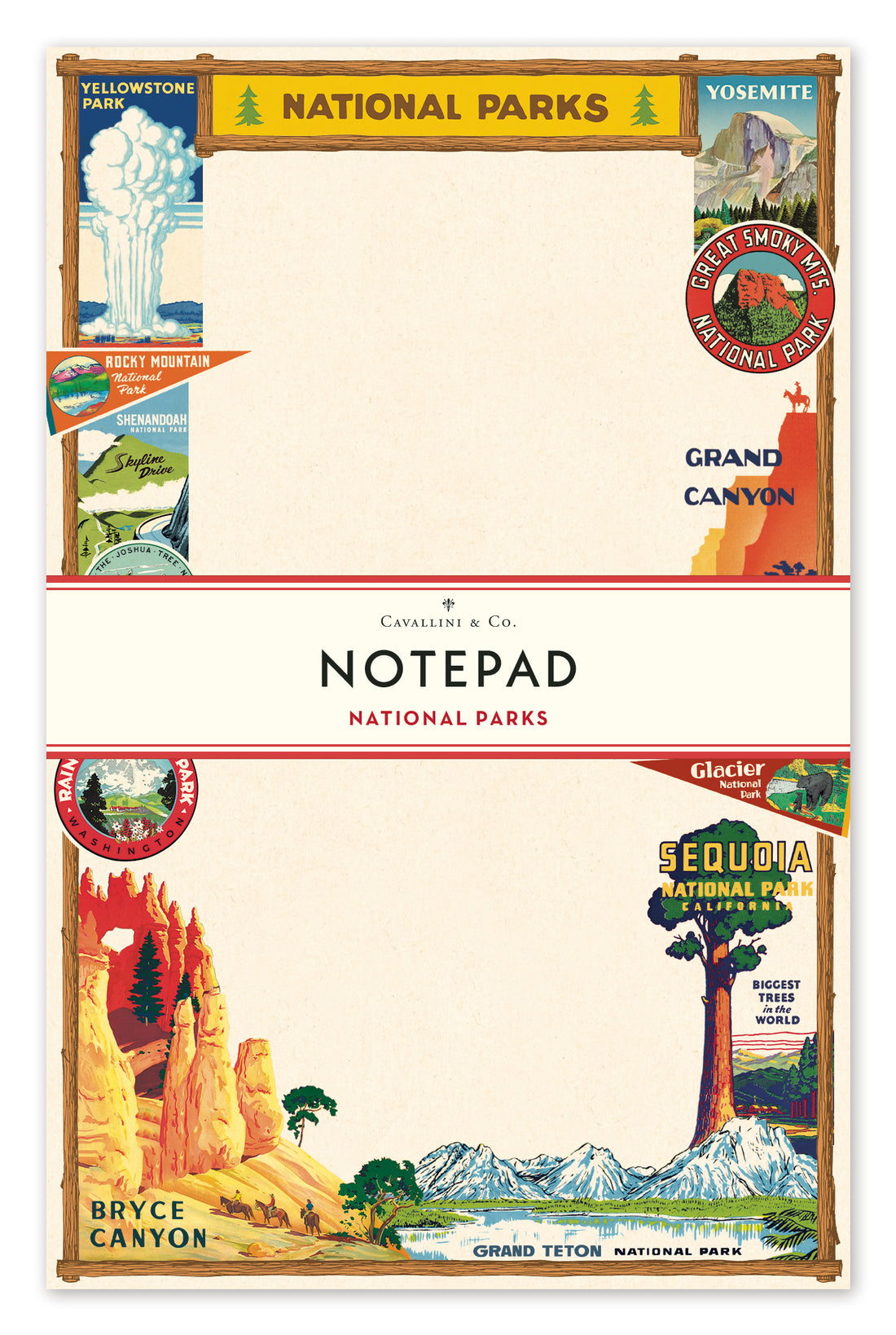 Illustrated borders showcasing American national parks from the Cavallini archives around a blank central area for text or messaging, perfect for any outdoor enthusiast. Introducing the National Parks Notepad from Cavallini Papers &amp; Co.