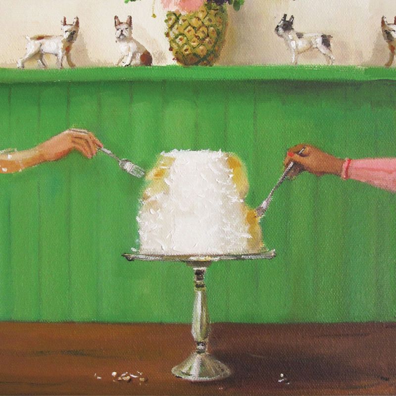 A square cocktail napkin featuring a painting of a two-tier coconut cake being enjoyed by two hands reaching in with forks on a green background. 