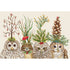 Four owls with festive decorations on their heads against a beige background