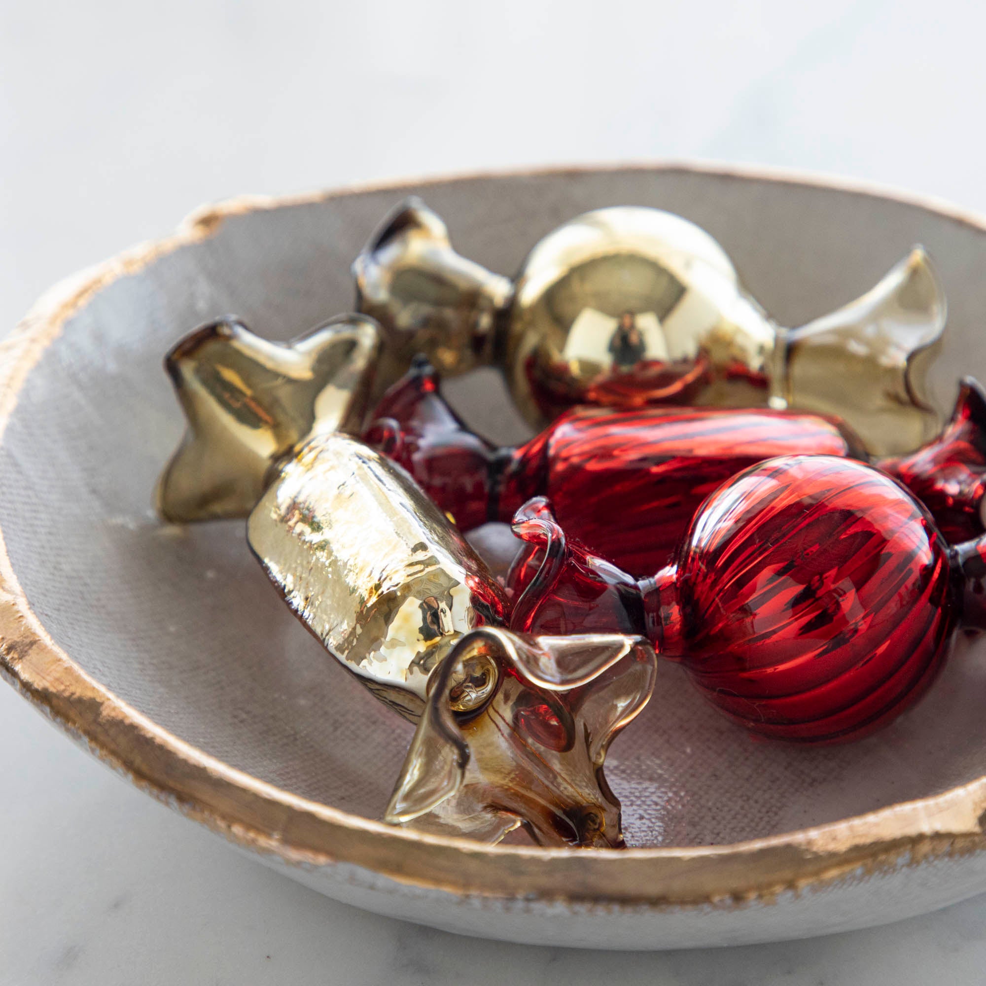 Close up of Glass Candy Ornaments in a bowl.