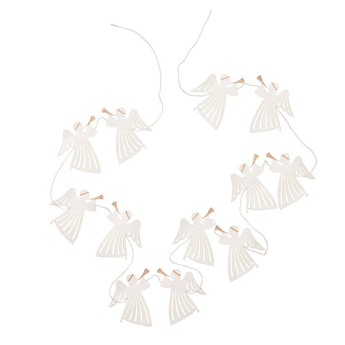 String of white angel-shaped paper figures on a white background