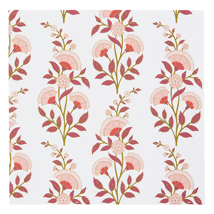 Floral pattern with pink flowers and green leaves on a white background