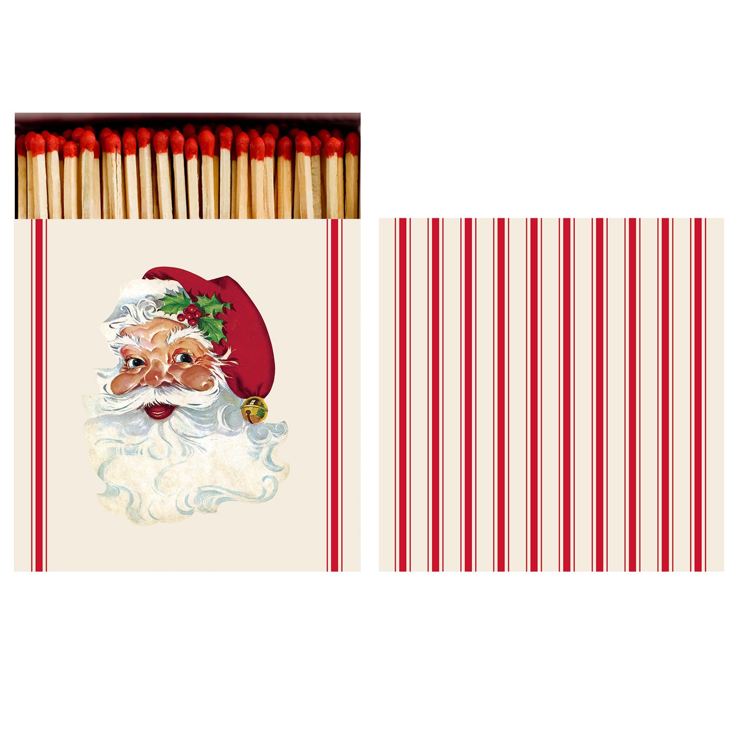 Two sides of a square match box, the left of which is open slightly to reveal the matches inside. The top of the box depicts a vintage-style illustration of Santa Clause&