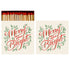 Two identical sides of a square match box, depicting "Merry & Bright" in red script surrounded by green winter foliage line work on a white background, the left of which is open slightly to reveal the matches inside.