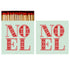 Two identical sides of a square match box, depicting "NOEL" in ornate red letters stacked in two rows on a mint green background, the left of which is open slightly to reveal the matches inside.