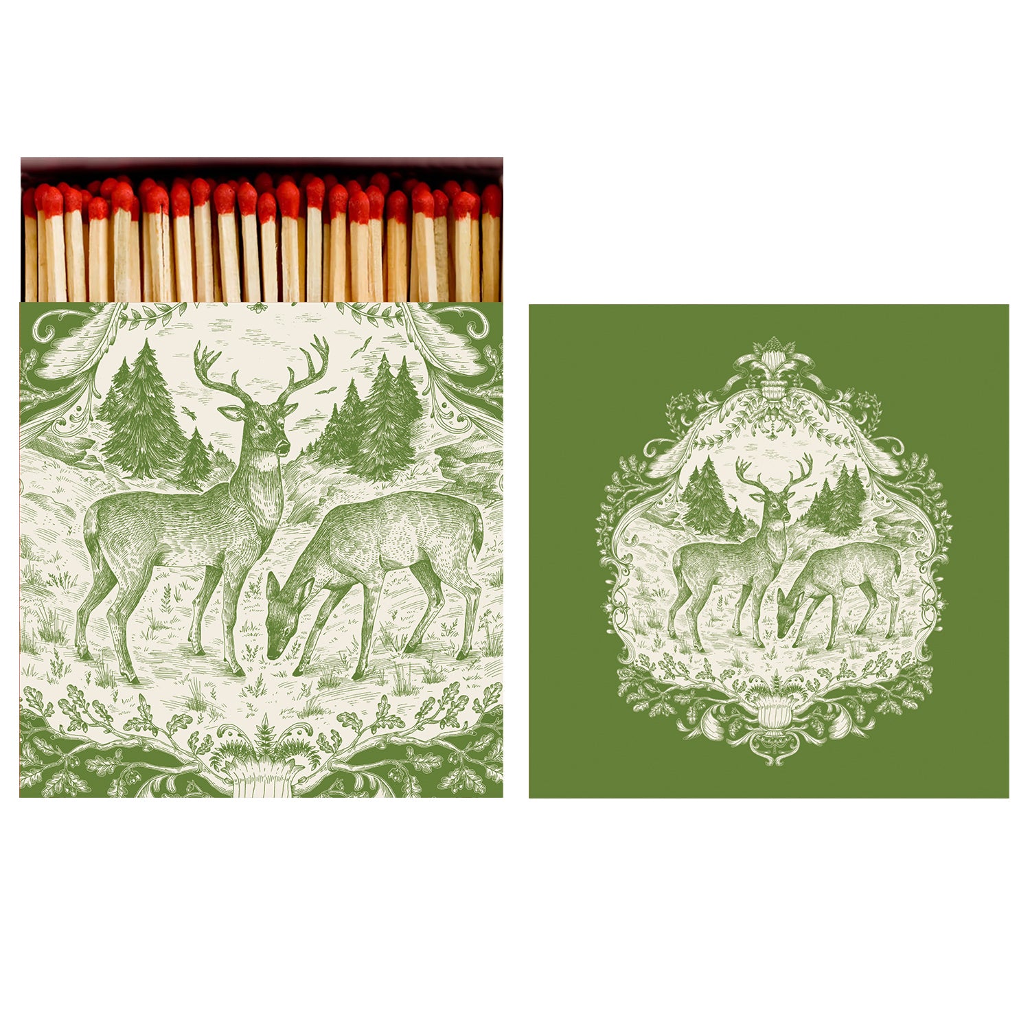 Two sides of a square match box, the left of which is open slightly to reveal the matches inside. The artwork on the box depicts a toile-style illustration of a male and female deer surrounded by detailed filigree, in monochrome green on a white background.