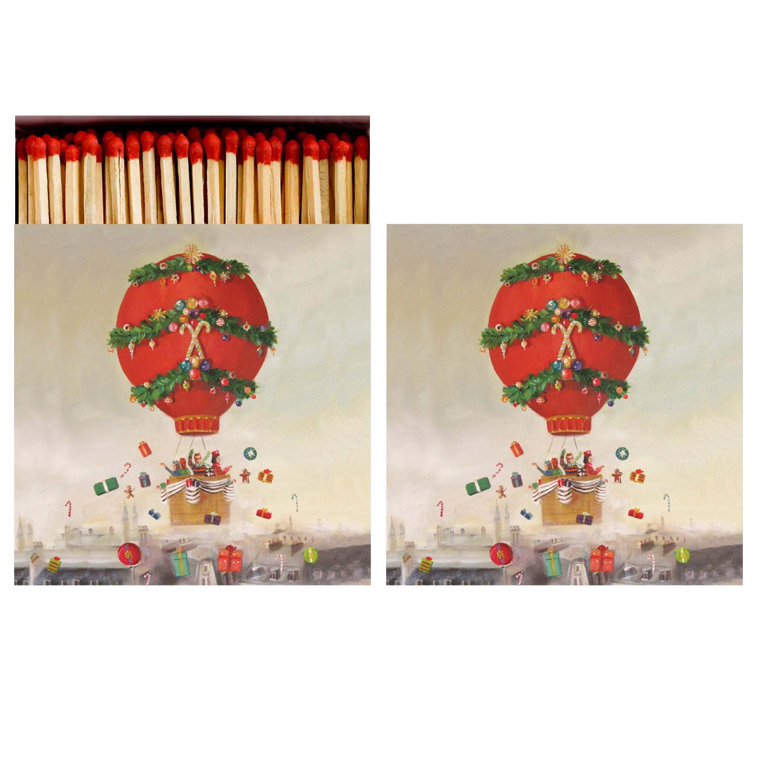 A festive hot air balloon adorned with christmas decorations, perfect for gifting as Balloon Ride Matches from Hester &amp; Cook or a festive hostess gift.