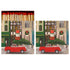 Two identical sides of a square match box, the left of which is open slightly to reveal the matches inside. The artwork on the box depicts a red station wagon parked in front of downtown shops, piled high with a fresh evergreen tree and various large gifts.