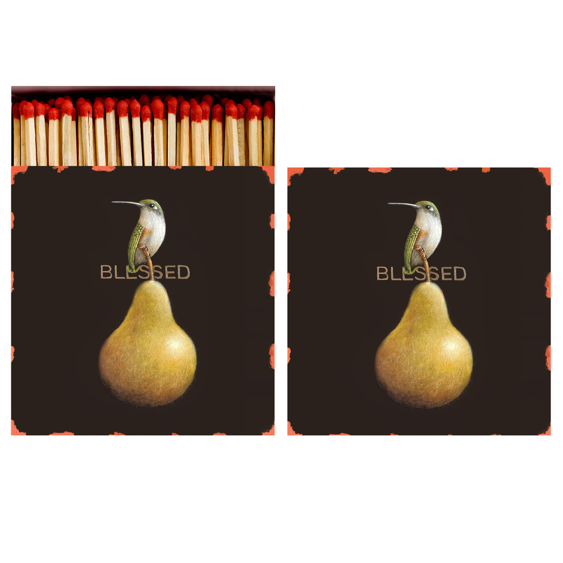A pair of Hester &amp; Cook Blessed Matches, with a pear and the word blessed, perfect as holiday gifts.