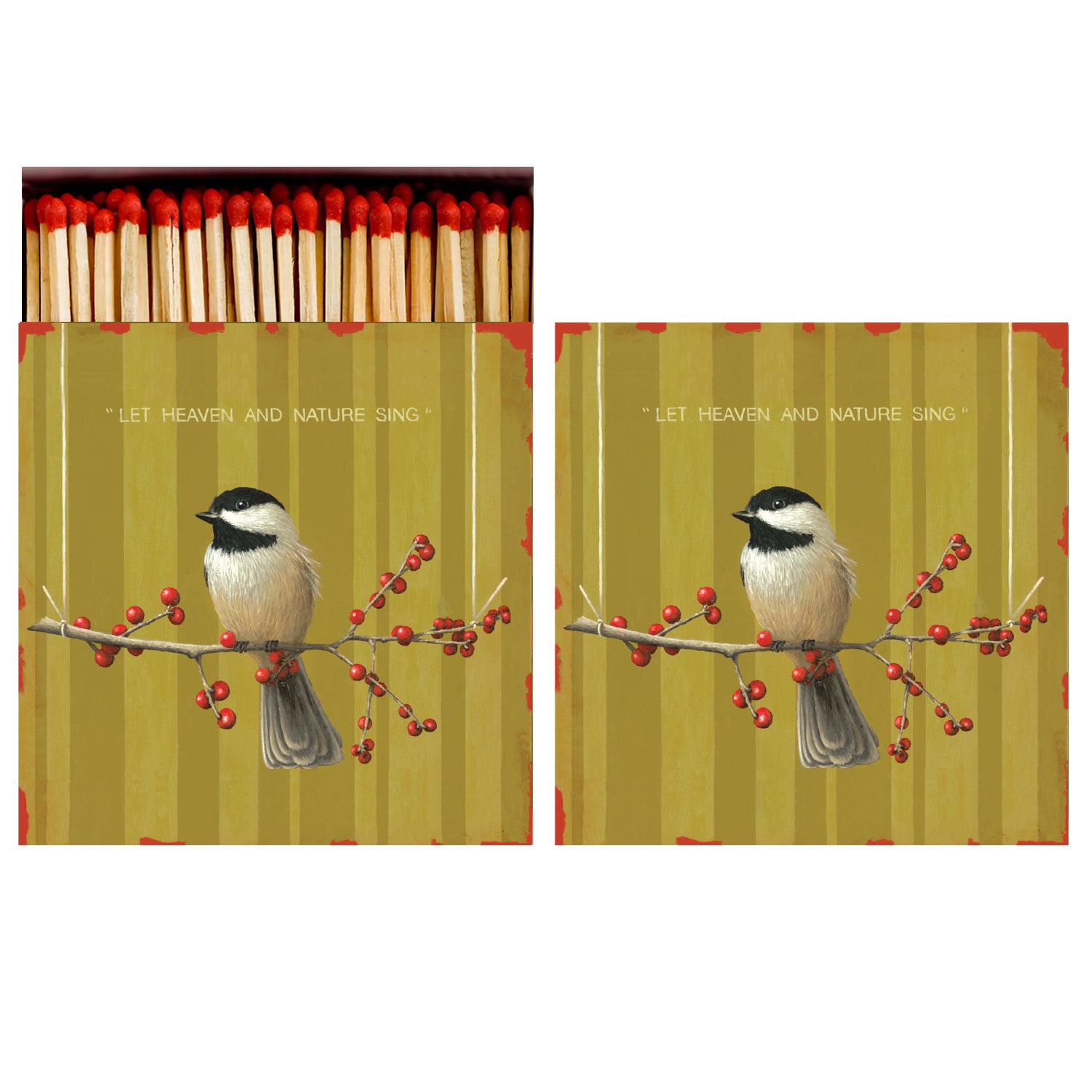 These exquisite Heaven &amp; Nature Matches by Hester &amp; Cook feature a beautiful chickadee perched on a branch adorned with delicious berries. They showcase stunning art by David Arms and make perfect holiday gifts.