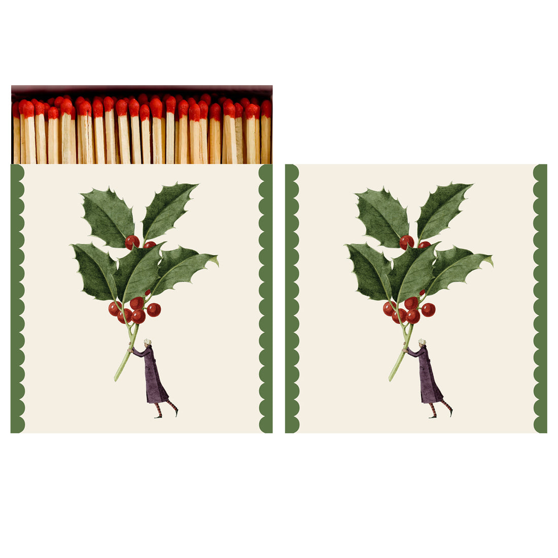 Two identical sides of a square match box, the left of which is open slightly to reveal the matches inside. The artwork on the box depicts a small person holding aloft a gigantic sprig of green holly with red berries on a cream background, with a green scalloped accents along the left and right sides.