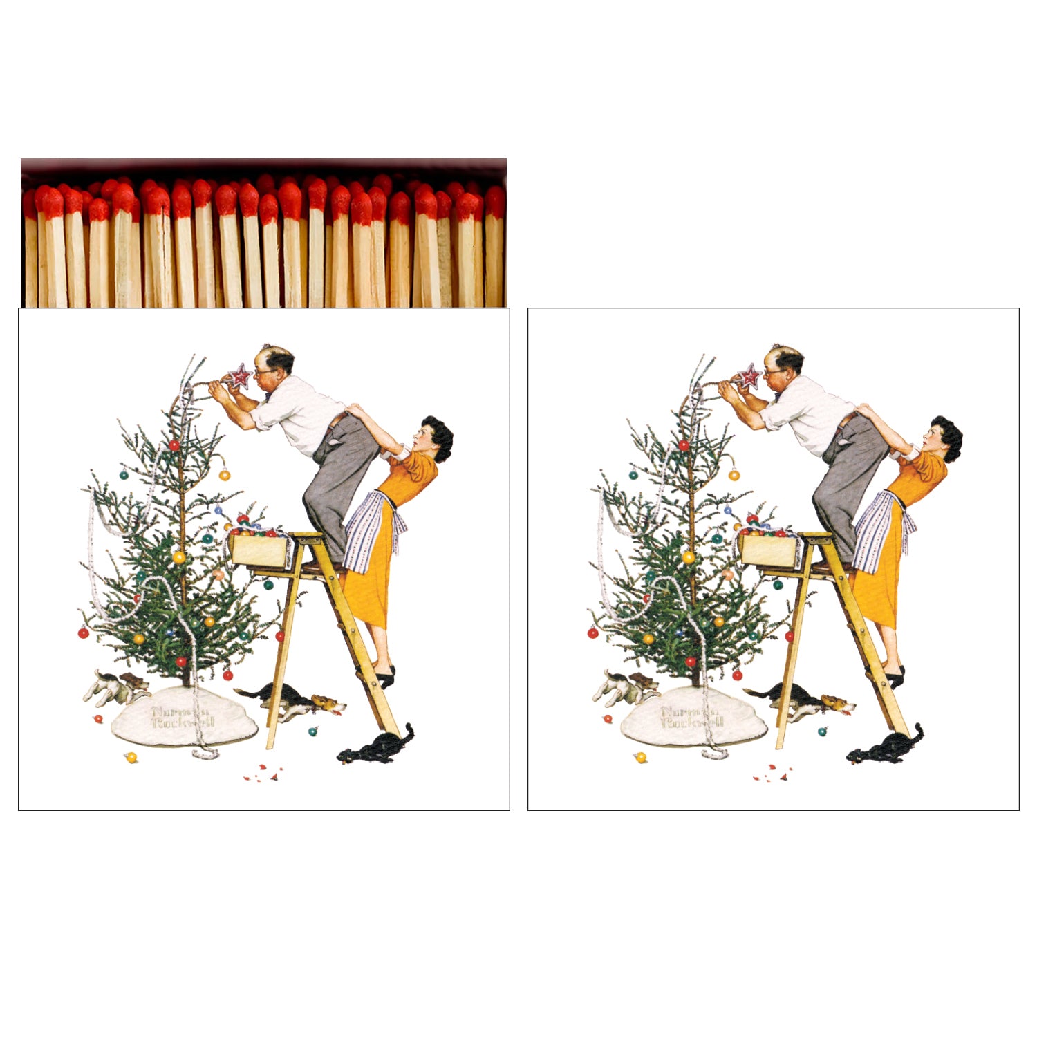 Hester &amp; Cook captures the holiday season with their iconic image of a man on a ladder carefully decorating a Christmas tree using Trimming the Tree Matches.