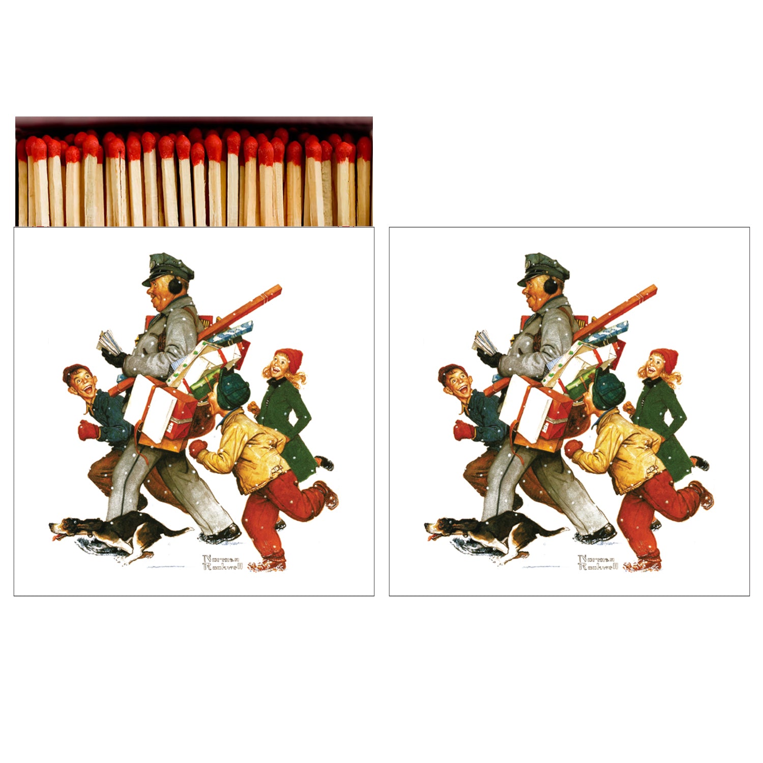A group of Jolly Postman Matches with a man carrying a baseball bat during the holidays, made by Hester &amp; Cook.