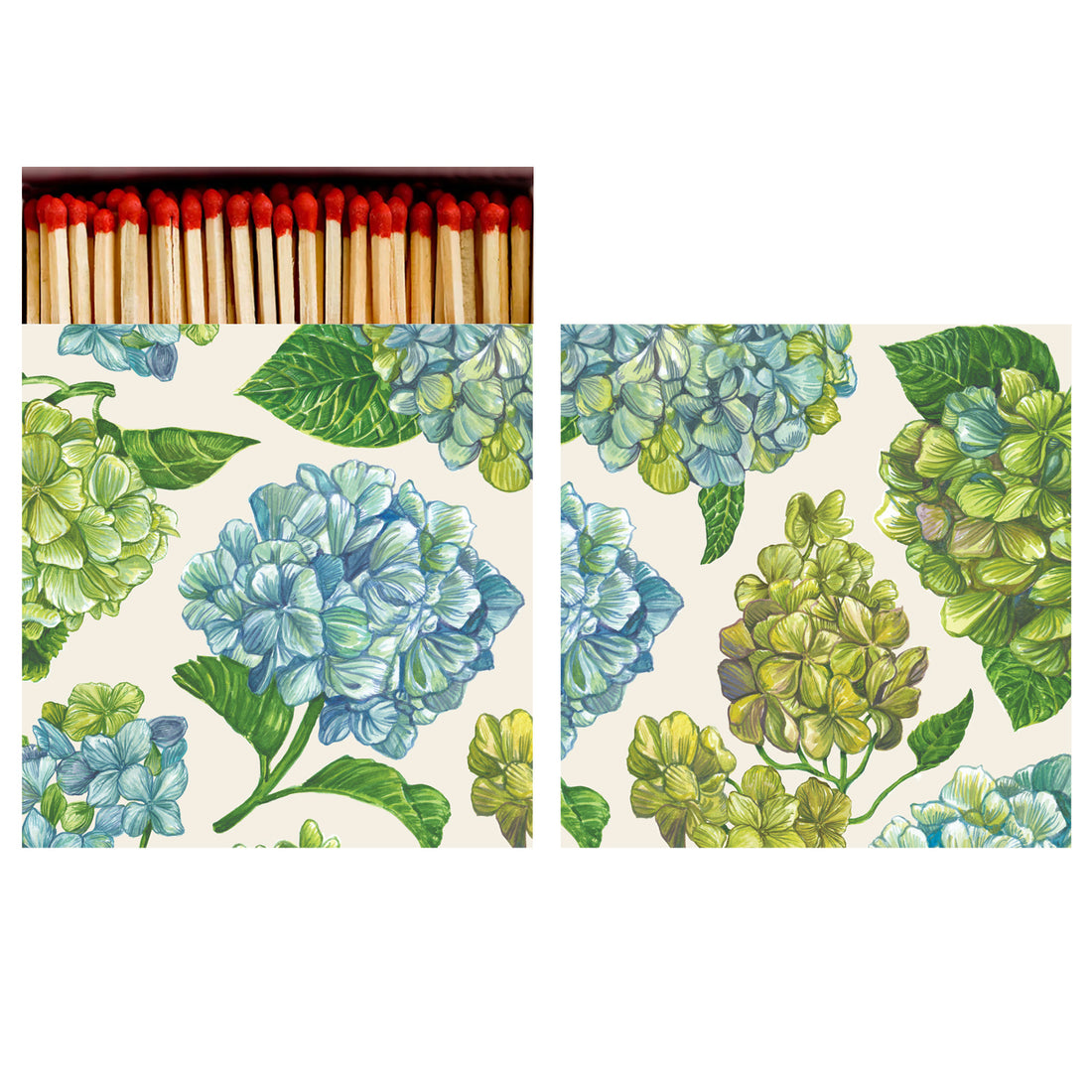 Two sides of a square match box, the left of which is open slightly to reveal the matches inside. The artwork on the box depicts lovely blue and green hydrangea blooms with vibrant green leaves patterned over a cream background.