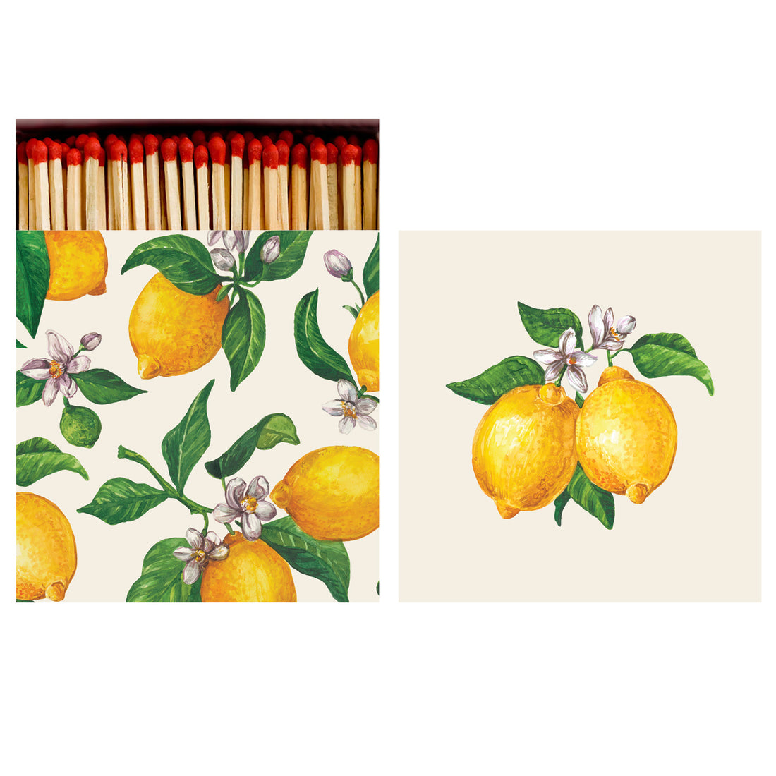 Two sides of a square match box, the left of which is open slightly to reveal the matches inside. The artwork on one side is a pair of vibrant yellow lemons with white blooms and green leaves suspended in the center, and the other side is a wall-to-wall pattern of lemons, blooms and leaves scattered on the cream background..