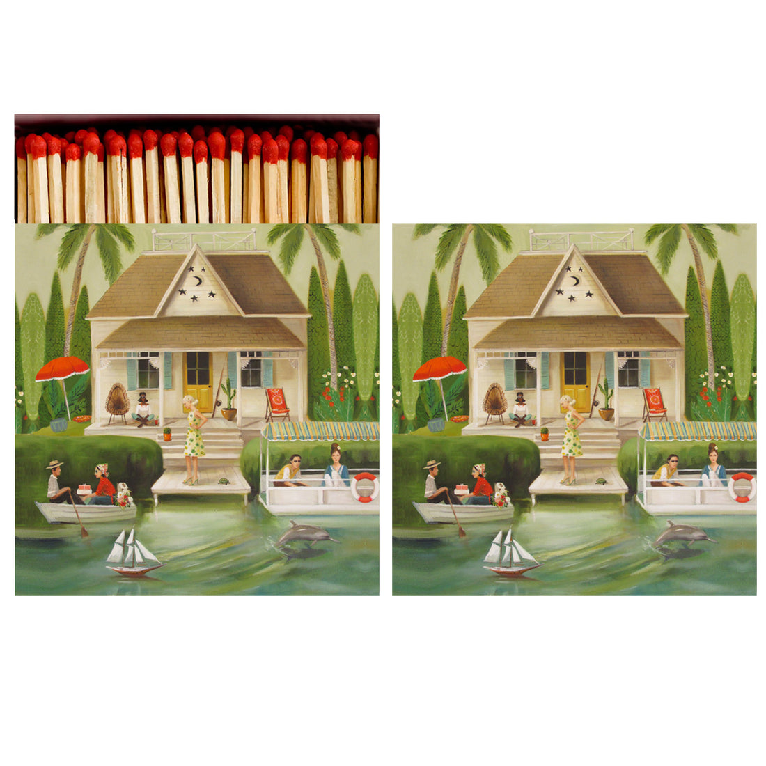 Two identical sides of a square match box, the left of which is open slightly to reveal the matches inside. The artwork on the box depicts a lake-side home with the water in the foreground and trees in the background, where several people enjoy themselves in the scene.
