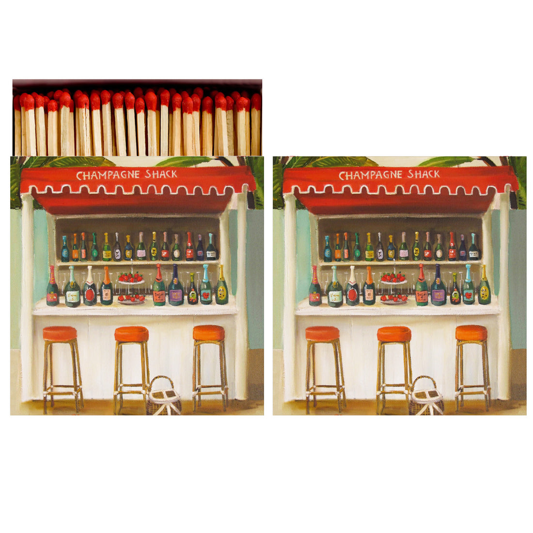 Two identical sides of a square match box, the left of which is open slightly to reveal the matches inside. The artwork on the box depicts a cozy bar setting with the sign &quot;champagne shack&quot; above a selection of bottled beverages and three bar stools.