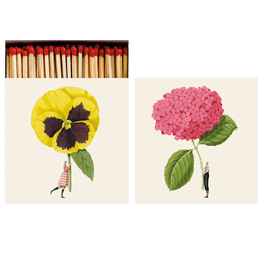 Two sides of a square match box, the left of which is open slightly to reveal the matches inside. The artwork on one side depicts a small woman in a dress holding a gigantic yellow pansy by the stem, and the other side depicts a small man holding pink hydrangeas by the stem on the cream background.
