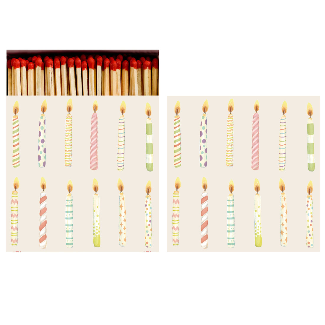 Two identical sides of a square match box, the left of which is open slightly to reveal the matches inside. The artwork on the box depicts a dozen colorful, lit birthday candles evenly spaced in two rows over a cream background.