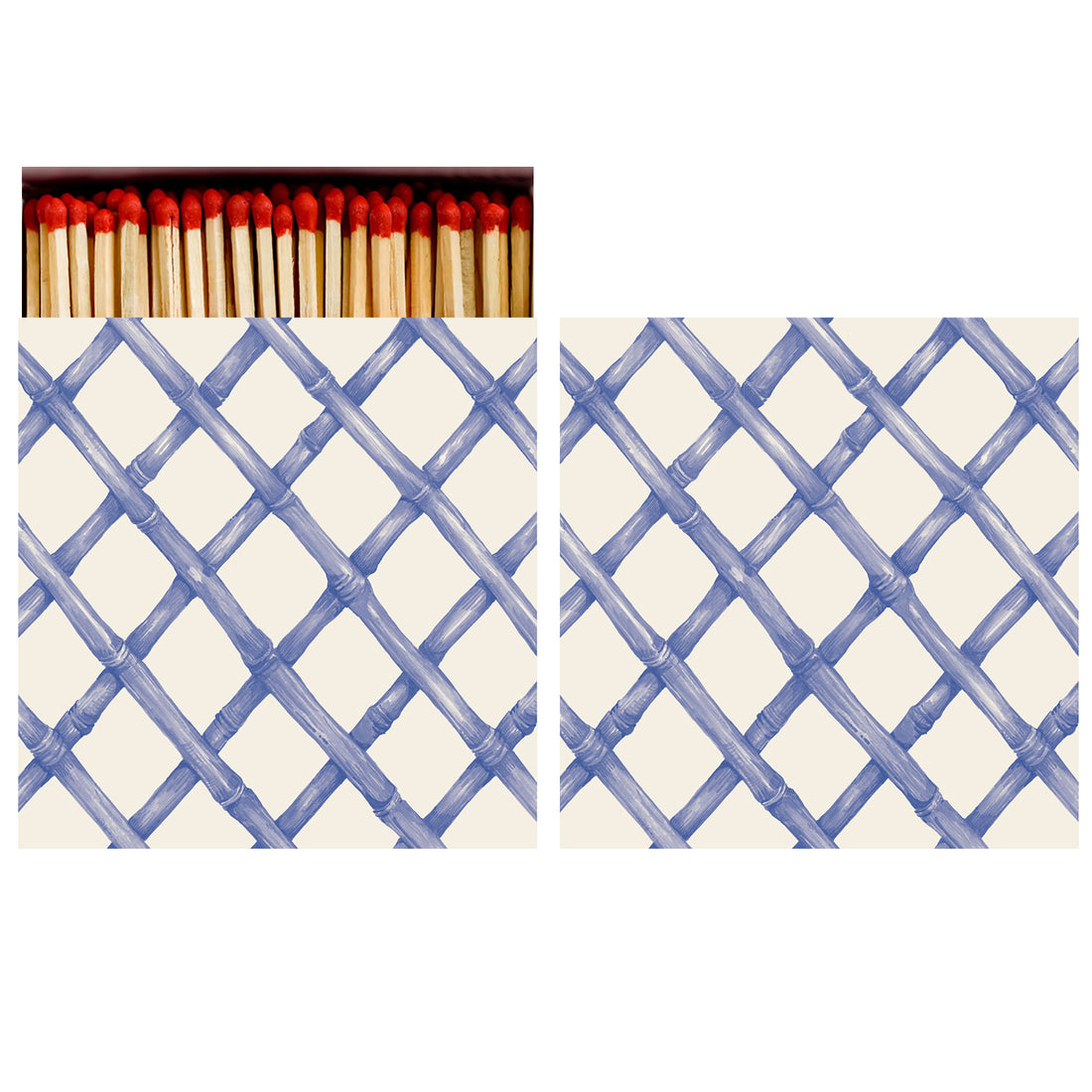Two identical sides of a square match box, the left of which is open slightly to reveal the matches inside. The artwork on the box is a blue monochrome pattern of diagonal bamboo lattice on a white background.