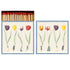 Two identical sides of a square match box, the left of which is open slightly to reveal the matches inside. The artwork on the box depicts a row of four tiny people in traditional clothing, each holding a gigantic colorful tulip bloom by the stem, on a cream background in a dotted blue frame.