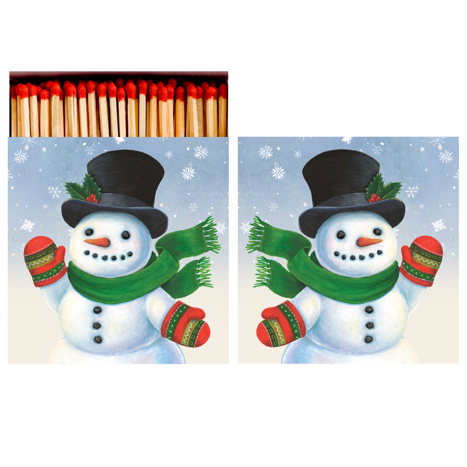 The front and back of the Snowman Matcheds box showing two identical, mirrored images of a snowman in a black hat and green scarf with red mittens; the front shows visible match heads at the top. 