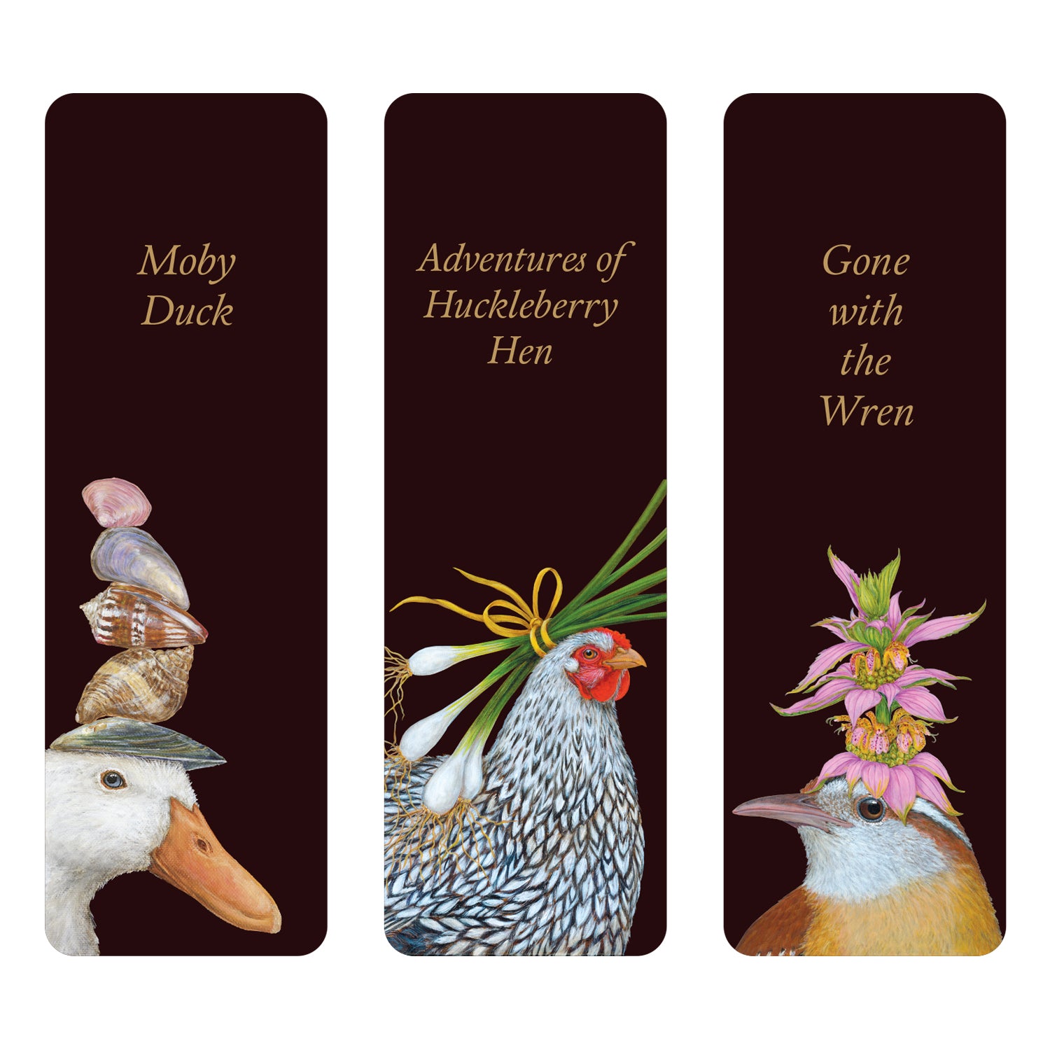Classic Novels Bookmarks Set of 3 featuring artwork by Vicki Sawyer showcasing whimsical book titles: &quot;Moby Duck&quot; with a duck and shells, &quot;Adventures of Huckleberry Hen&quot; with a hen and onions, and &quot;Gone with the Wren&quot; featuring a wren wearing flowers.